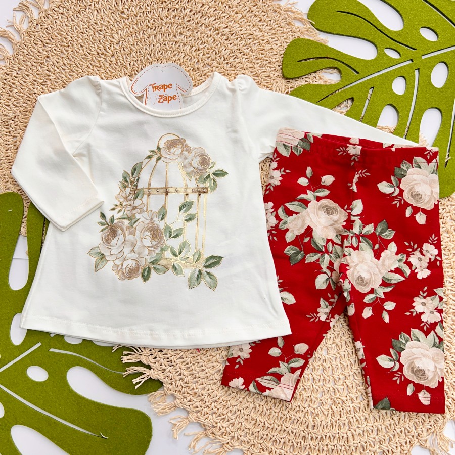 Inverno 2025 - Conj. Blusa Gaiola e Calça Legging Floral - Off White e Vermelho